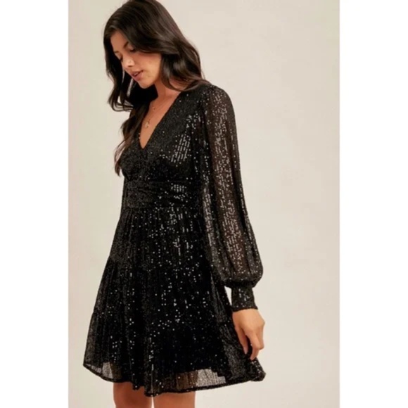 Black Metallic Sparkling Sequin Long Sleeve Tiered Holiday Cocktail Dress - Picture 3 of 5
